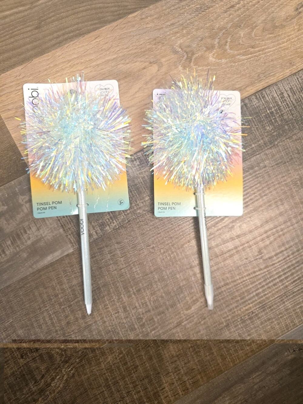 13190 Yoobi 2 Piece Sparkly Tinsel Pom Pom Holographic Pen Sensory New